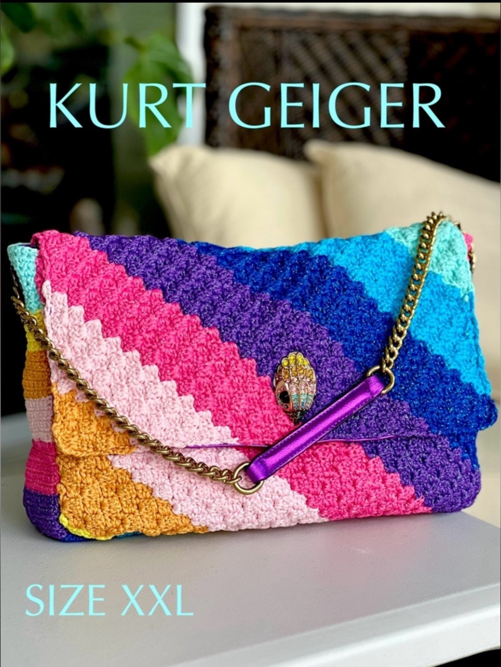 KURT GEIGER Kensington Lurex Crochet Rainbow XXL EXTRA LARGE SHOULDER bag NWT
